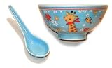 Kitchen & Housewares : Blue children's rice bowl and spoon set with giraffes - porcelain, handpainted