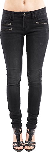 Eunina Women's Mid Rise Moto Zipper Stretch Skinny Jeans, Black Stone Wash