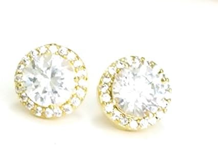 14k gold earrings adorned with large crystal surrounded by crystal white grainy.