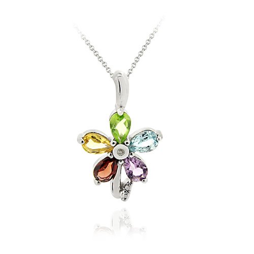 Sterling Silver Multi Gemstone & Diamond Accent Flower Slide Pendant