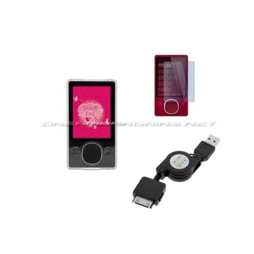 DreamBargains Premium Zune 80gb Crystal Hard Case - Clear with Belt Clip and Neckstrap + Retractable Rapid Sync and Charger USB Cable + Protective Screen Film