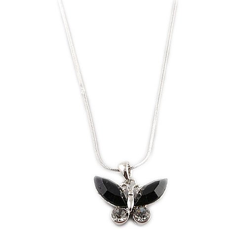 Silver Tone Black Rhinestone Butterfly Pendant Necklace Fashion Jewelry