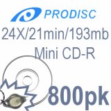 Prodisc Mini CD-R white inkjet hub printable 21min/193mb/24x with sleeves 800 pack - Kit includes keychain LED light