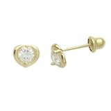 14K Gold Stud Earring White CZ Heart Yellow Gold Earring With Screw-Back For Kids & Teens