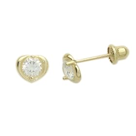 14K Gold Stud Earring White CZ Heart Yellow Gold Earring With Screw-Back For Kids & Teens