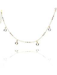 14K Tri Color Gold Sparkle Ball Chain Heart Charms 9+1" Extender spring-ring clasp