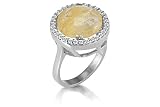 14K White Gold Matte-Finish Hand-Crafted Ring, Centered with a Rutilated Quartz Semi-Precious Color Stone, Surrounded with Pave Set Diamonds.