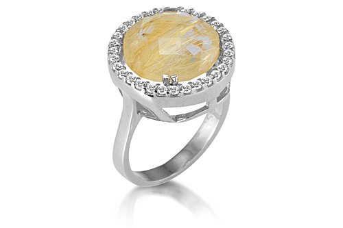 14K White Gold Matte-Finish Hand-Crafted Ring, Centered with a Rutilated Quartz Semi-Precious Color Stone, Surrounded with Pave Set Diamonds.