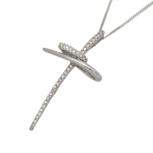 9ct White Gold 0.10 Ct Diamond Cross Pendant 18 Chain