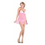 2 PC. Underwired satin trim chemise with embroidered flocked hearts, and matching G-string.