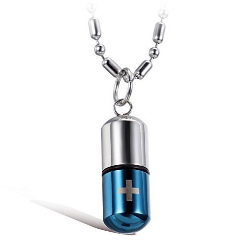 Flongo Fashion Pill Case Capsule Pendant Necklace Stainless Steel Mens Womens, 22 inch Chain