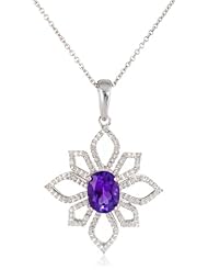 Sterling Silver and Oval Amethyst Diamond Flower Pendant Necklace, 18"