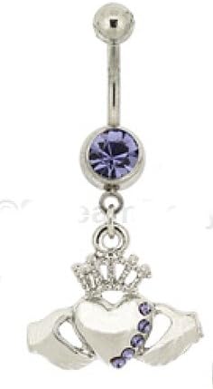 316l Surgical Steel Claddagh Crown Heart Tanzanite Pave Gemmed Navel Ring