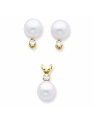 0.2 Carat 14K Gold 7-7?mm Salt Water Cultured Pearl & Dia. Earrings & Pendant Set