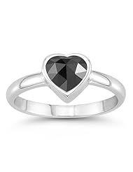 0.87 Cts of 5x5 mm AA Heart Rose Cut Black Diamond Solitaire Heart Ring in 14K White Gold