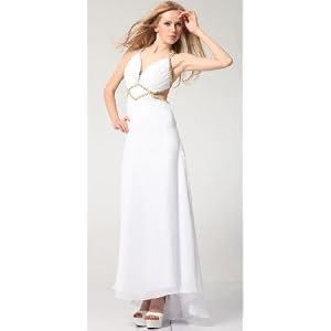 09559 WHITE BEADED HALTER BALL GOWN EVENING DRESS