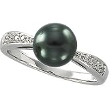08.00Mm Round/Near Round 14K White Gold Tahitian Pearl And Diamond Ring