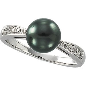 08.00Mm Round/Near Round 14K White Gold Tahitian Pearl And Diamond Ring
