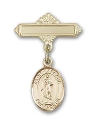 14kt Gold Baby Badge with St. Barbara Charm and Polished Badge Pin. Catholic Saint Barbara Patron Saint of Architects, Artillerymen, Builders, Fire Prevention, Miners, Thunder-storms, Storms & Lightening, Stone Masons, Brass Workers, Ammunition Workers, Artillery & Gunners, , Fireworks, Sudden Death