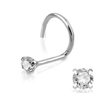 14k White Gold Nose Screw with Clear CZ / Prong Setting, 1mm - Sold Individually