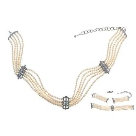 14K White Gold Five Strand Pearl and Diamond Choker/Bracelet Combo