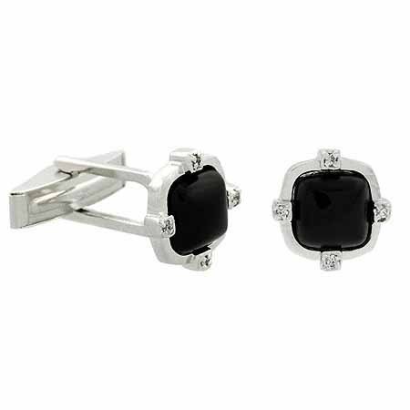 Sterling Silver Genuine Onyx Stone Simulated Diamond cz Small CuffLinks Cuff Link