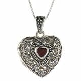 Sterling Silver Genuine Garnet and Marcasite Filigree Heart Locket Pendant