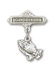 Sterling Silver Baby Badge with Praying Hands Charm and Godchild Badge Pin