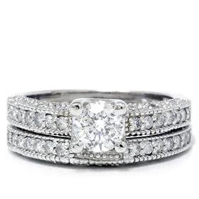 1.10CT Pave White Gold Round Diamond Engagement Ring Matching 14k Wedding Band Set Vintage Like Setting color  G/H  clarity  I1 