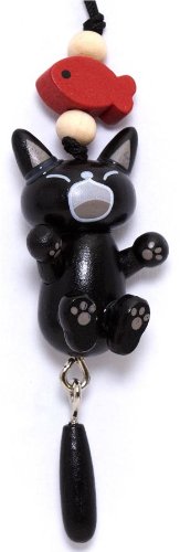 Imagen 2 de cadenita de madera con gato negro y pececito para tu móvil