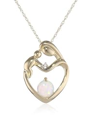 XPY 10k Yellow Gold Mother and Child Gemstone Heart Pendant Necklace with Diamond Accent, 18"