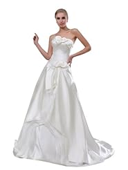 A-line Strapless  Spring Fall Winter Lace-Up Satin  Ball Gown Wedding Dress  with a Chapel Train 