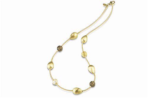 14K Yellow Gold Hand-Woven Designer Mesh 16″ Necklace, Set with Matte and Brushed-Satin Finish Gold Nuggets and Colored Beads.