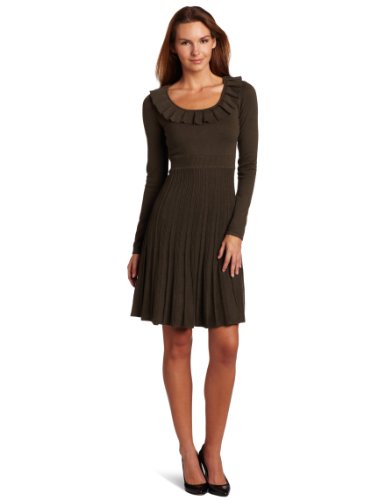 maxandcleo Women's All Season Ruffle Neck Sweater Dress, Dark Olive, X-Small