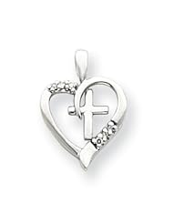 14k Gold White Gold AA Diamond Heart & Cross Pendant