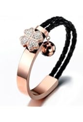 Half Black Double Strand Braided Leather Half Rose Gold Plated Bracelet with Clover Button Latch Closure. Clover Has White Pave Crystals. . Closure Is Secured with Rose Gold Plated Moveable Ring. Black Enamel and Rose Gold Plated Flowers Balls Dangles Off Ring.