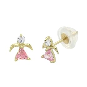 14K Gold Stud Earring pink and white cz Small Angel Yellow Gold Earring With Screw-Back For Kids & Teens