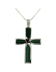 Sterling Silver and Malachite Celtic Cross Pendant with 18 Inch Box Chain Necklace