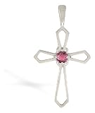 14K White Gold Genuine Round Pink Tourmaline Cross Pendant