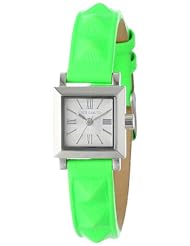 Vince Camuto Womens VC/5069SVGN Silver-Tone Square Neon Green Pyramid Accented Leather Strap Watch