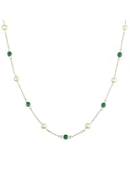 Sterling Silver Chain, Freshwater Pearl and 7 Station Green Onyx Cabochon Necklace