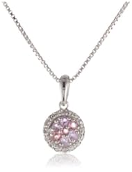 Sterling Silver Pink Tourmaline, Pink Sapphire, and Diamond (.05 cttw) Round Cluster Pendant Necklace, 18"