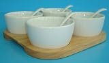 Set of 4 Ceramic Appetizer / Dipping Bowl Party Set with 4 Spoons on Wooden Base