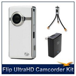 Flip Video UltraHD Camcorder (White), 120 Minutes Recording Time, 1280 x 720p HD MP4, 8GB Internal Memory, 2x Digital Zoom, 2 LCD, 'AA' Battery Pack, Flip Video Power Adapter for Flip Ultra 2nd Gen, Flip Tripod for Flip Ultra and Mini Camcorders