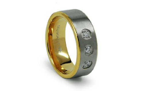 Titanium Ring Gold Plated with 3 CZ Satin-High Polish 8mm