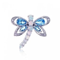 Blue Topaz Opal & Diamond Dragonfly Pendant in Solid White Gold