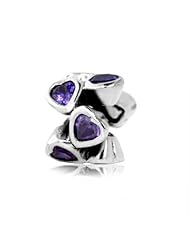 Best Gift for Christmas, Sterling Silver Hearts Charm Purple Cz , Fits Pandora and All Brands Charm Bracelets and Necklaces.