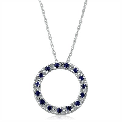 10K White Gold Blue Sapphire and Diamond Cirlce Pendant-Necklace (.75cttw. 18