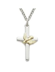 Sterling Silver Holy Spirit Peace Dove Pendant Necklace in a 2-Tone Cross Design Christian Jewelry Womens w 18" chain gift boxed