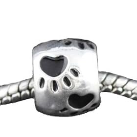 Believe Beads � 1 x Silver Plated with Black Paw Prints Slide On slide Off Charm Bead. Will fit pandora, Troll Chamilia style charm bracelets.